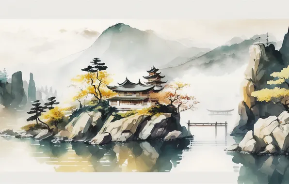 Картинка China, Japan, illustration, ai art, Watercolor style
