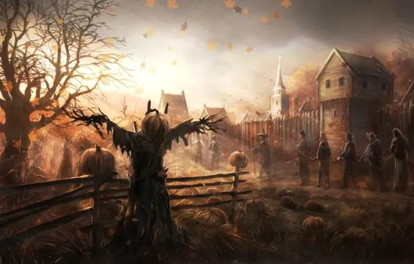 Картинка осень, листья, деревья, люди, ветер, дома, арт, церковь
