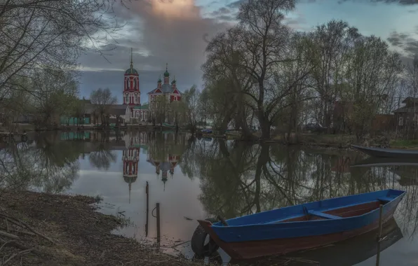 Картинка пейзаж, природа, город, река, лодка, весна, храм, Переславль-Залесский