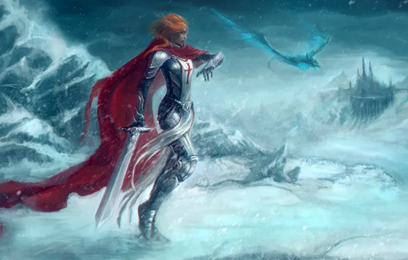Картинка холод, дорога, девушка, снег, красный, оружие, дракон, меч