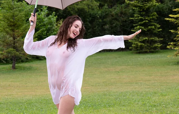 Happy, wet, trees, nipples, umbrella, smile, cute, outdoor