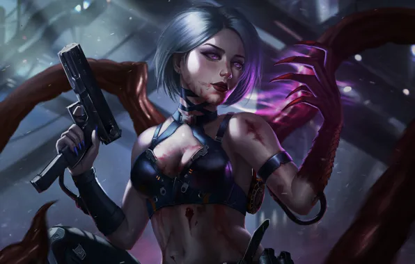 Девушка, Пистолет, Рука, Girl, Кровь, Fantasy, Gun, Арт