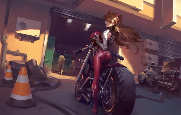Картинка девушка, мотоциклы, гараж, аниме, арт, костюм, шлем, рыжая