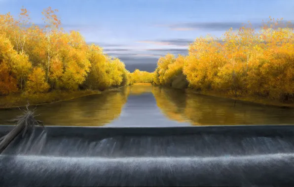 Картинка осень, небо, водопад, бревно, жёлтые листья, Волков Александр, October Evening