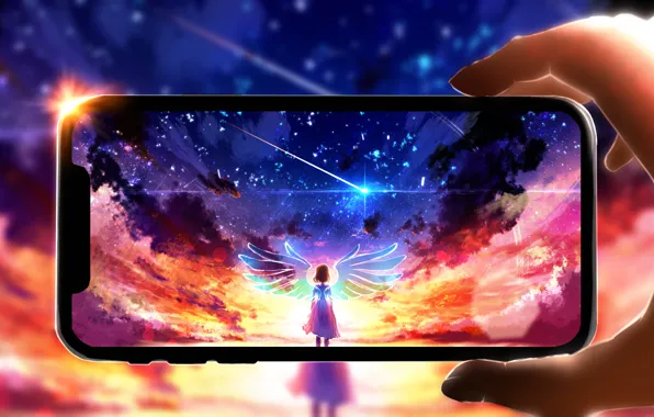 Девушка, закат, iPhone, фея, Wings, Smartphone