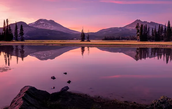 Деревья, горы, озеро, отражение, Орегон, Oregon, Каскадные горы, Cascade Range