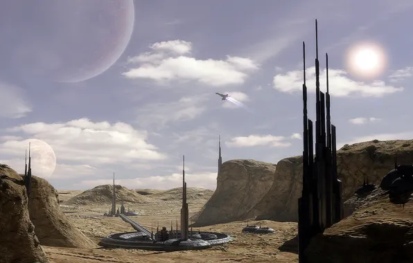 Sky, mountains, clouds, spaceship, station, planet, towers, stellar