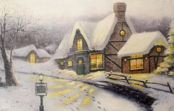 Картинка зима, снег, картина, живопись, коттедж, Thomas Kinkade, Olde Porterfield Gift Shoppe