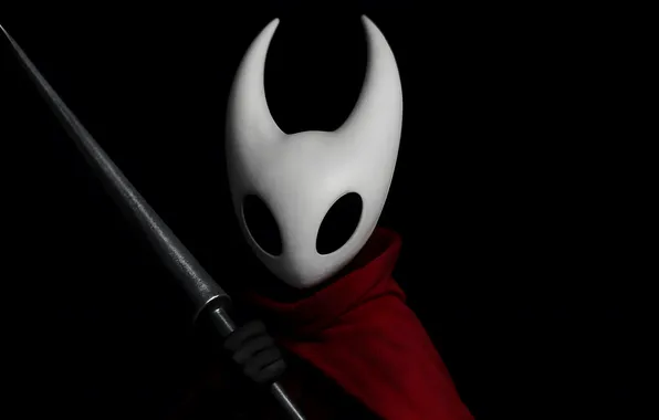 Картинка sword, mask, black background, simple background, looking at viewer, Hollow Knight, video game characters, centered