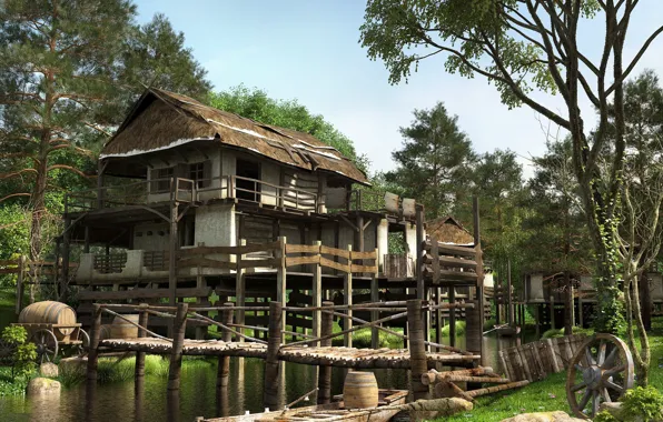 Деревья, лодка, колесо, постройки, ABANDONED HOUSES