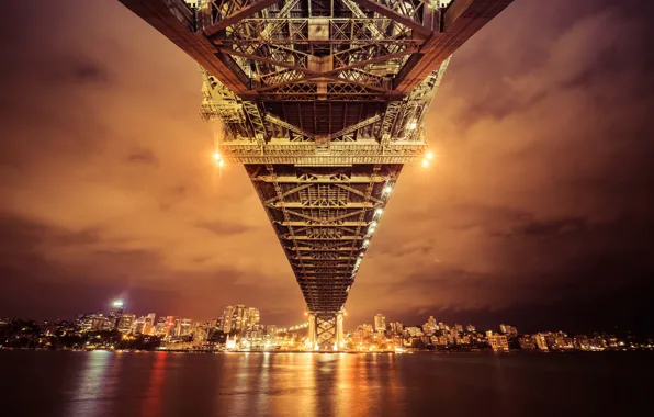 Lights, bridge, night, Australia, reflection, Sydney, bay, cityscape