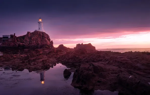 Океан, скалы, рассвет, маяк, Lighthouse, Jersey, Corbiere
