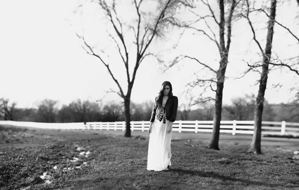 Girl, dress, trees, field, nature, woman, model, fence