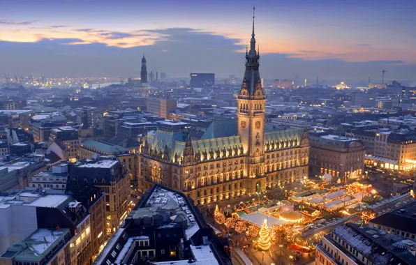 Картинка праздник, Германия, Рождество, панорама, Гамбург, рынок, ратуша