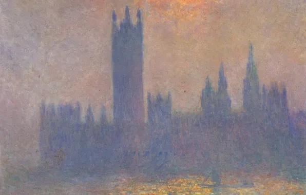 Картина, городской пейзаж, Клод Моне, Здание Парламента. Влияние Солнечного Света в Тумане