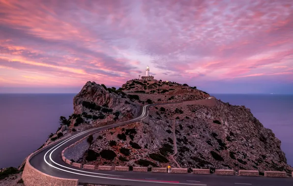 Картинка Sunset, Spain, Lighthouse, Mallorca, Light Trails