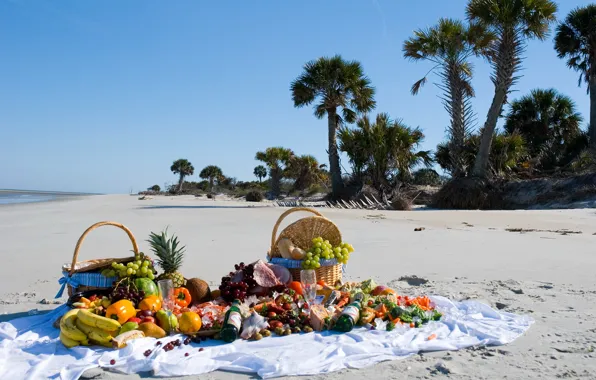 Песок, пляж, пальмы, фото, еда, фрукты, натюрморт, корзинка