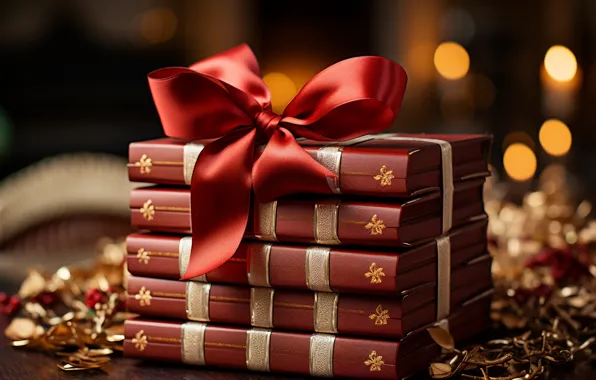 Подарок, книги, Рождество, Новый год, стопка, бант, бантик, ИИ-арт