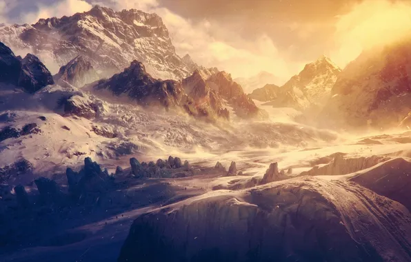 Картинка ice, landscape, nature, winter, mountains, clouds, snow, digital art