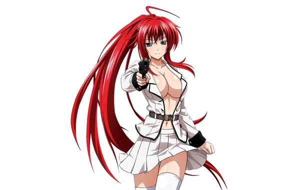 Girl, gun, sexy, cleavage, thighhighs, red hair, long hair, boobs