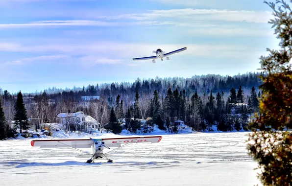 Canada, river, sky, planes, nature, blue, cloud, winter