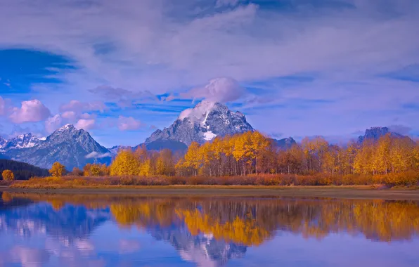 Картинка осень, небо, облака, снег, деревья, горы, природа, озеро