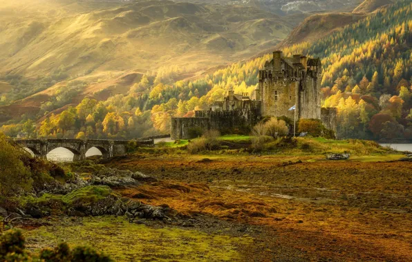 Осень, природа, Шотландия, замок Эйлен-Донан