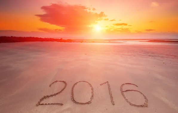 Песок, море, пляж, закат, Новый Год, цифры, New Year, Happy