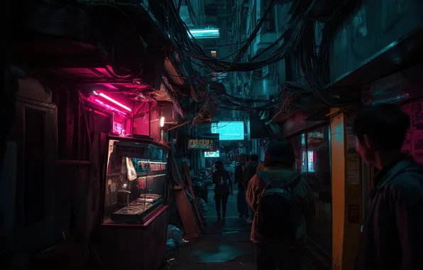 Ночь, город, неон, dark, переулок, киберпанк, neon, cyberpunk
