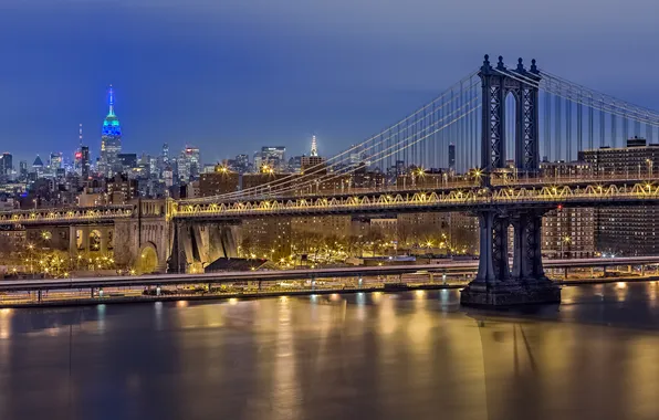 Ночь, мост, огни, Нью-Йорк, Манхеттен, США