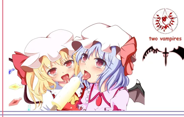 Эмблема, красные глаза, чепчик, эскимо, Touhou Project, Remilia Scarlet, Flandre Scarlet, Проект Восток