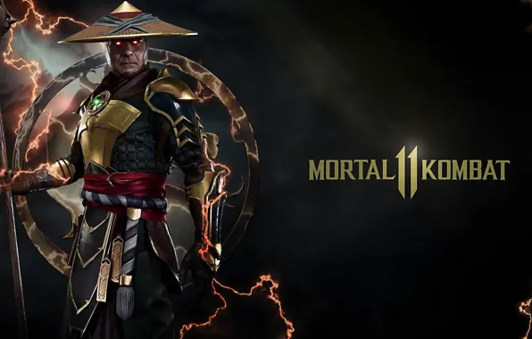 Картинка темный фон, молнии, игра, персонаж, Raiden, Mortal Kombat 11, Мортал Комбат 11, Райден