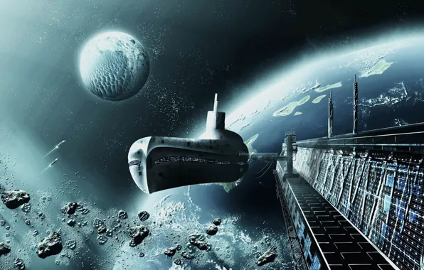 Космос, планета, арт, Sci Fi, космолеты