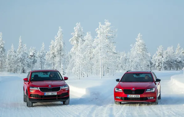 Зима, двое, красная, Skoda, Superb, Karoq
