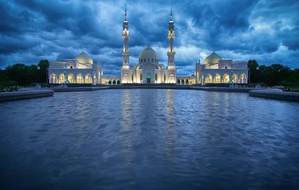 Картинка вода, облака, пейзаж, огни, сумерки, Татарстан, ак (белая) мечеть, Булгар