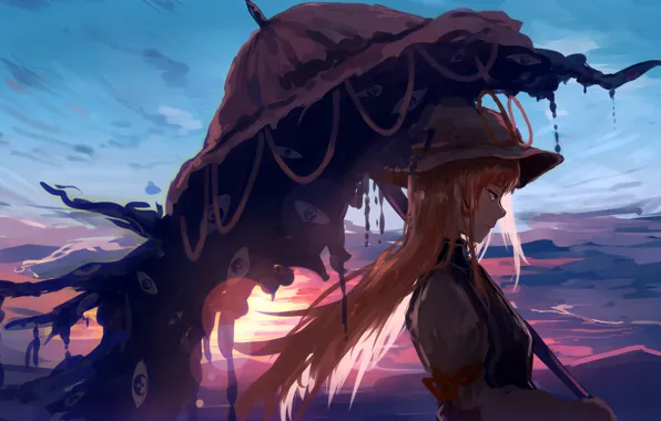 Картинка girl, long hair, sunset, umbrella, anime, artwork, Touhou, symbols