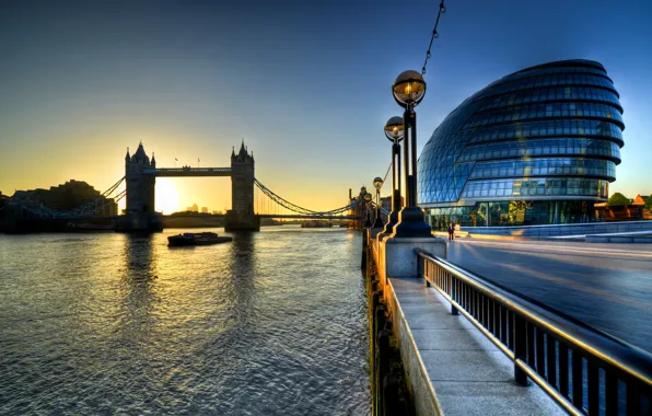 Картинка восход, Англия, Лондон, утро, morning, Sunrise, Tower Bridge, London