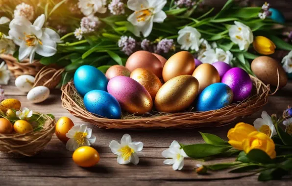 Картинка цветы, яйца, весна, colorful, Пасха, happy, flowers, spring