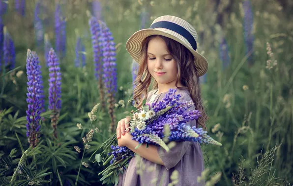 Картинка поле, лето, цветы, природа, букет, платье, девочка, шляпка