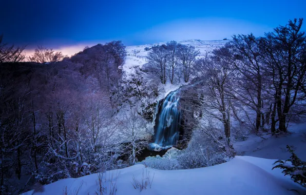 Картинка зима, снег, деревья, пейзаж, горы, природа, река, синева