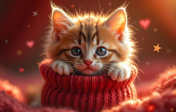 Кошка, взгляд, поза, котенок, мордашка, ИИ-арт, нейросеть
