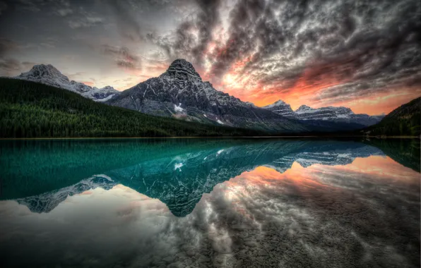 Картинка закат, горы, озеро, отражение, Канада