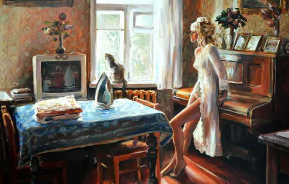Картинка girl, art, flowers, piano, window, painting, interior, blonde