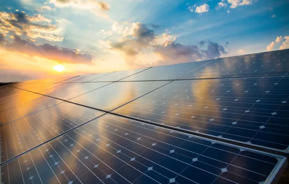 Sunset, sun, solar energy, solar panel