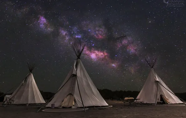 Картинка небо, звезды, млечный путь, вигвам, типи, жилище индейцев
