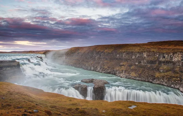 Небо, облака, река, водопад, ущелье, Исландия