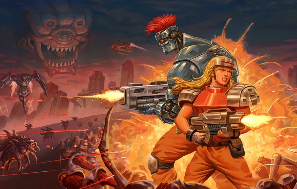 Девушка, оружие, фантастика, монстр, киборг, Blazing Chrome