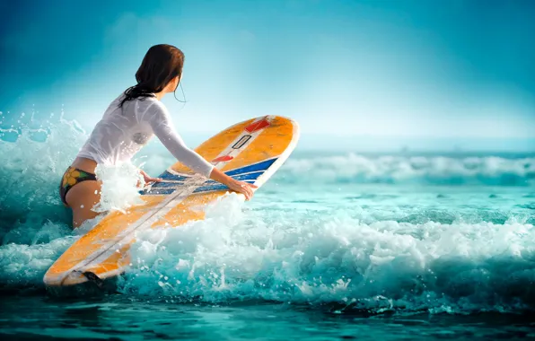 Картинка море, волны, вода, девушка, спорт, Сёрфинг, водный спорт