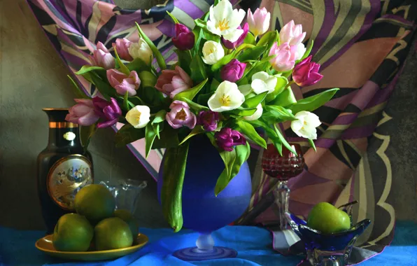 Яблоки, букет, тюльпаны, платок