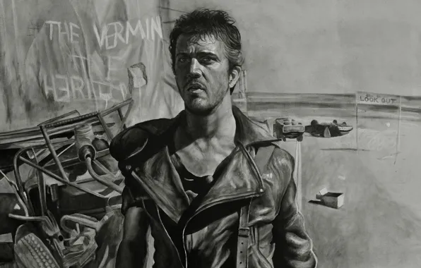 Рисунок, Mel Gibson, Воин дороги, Мел Гибсон, Mad Max 2, Безумный Макс 2